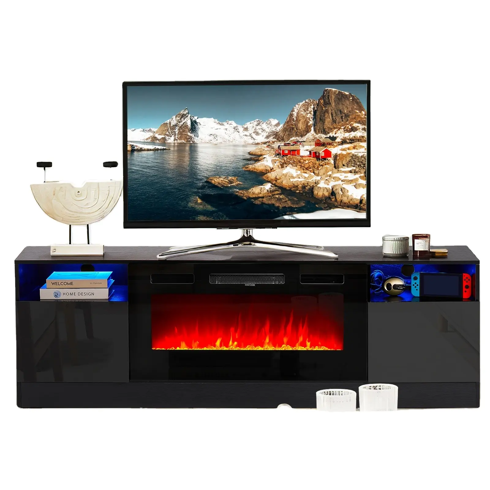 Moderno supporto TV ad alta lucentezza con camino elettrico per TV fino a 80 ", 750W/1500W, nero