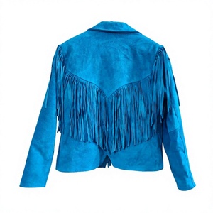 Chaqueta Deportiva Nabtay para Mujer, de Gamuza Turquesa con Flecos, Transpirable, Casual, Estilo Motociclista, Manga Larga, Corte Corto, Cuello Camisero - Product Image 2