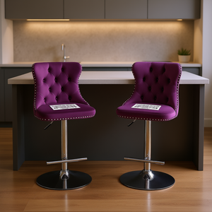 Taburetes de bar de terciopelo morado, altura ajustable, base cromada, respaldo tapizado, juego de 2 para el hogar, pub, cocina, isla - Product Image 2