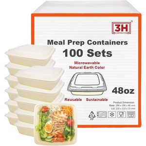 กล่องเตรียมอาหาร 3H ขนาด 48 ออนซ์ แพ็ค 100 ชิ้น, กล่องใส่อาหารแบบสี่เหลี่ยมพร้อมฝาปิด 200 ชิ้น, ปลอดสาร BPA, ใช้กับไมโครเวฟ/เครื่องล้างจาน/ช่องแช่แข็งได้ - Product Image 1