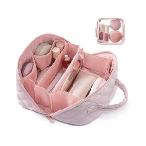 Quilted Travel <b>Makeup</b> <b>Bag</b> for Women 180°Wide Open View Lightweight Multi <b>Compartments</b> Portable Cosmetic Organizer - Product Image 1