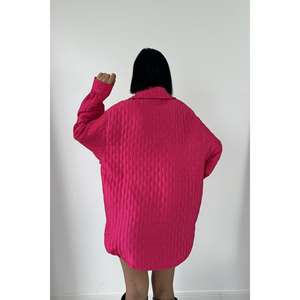 Fuchsia Quilted Shirt Women Casual Button <b>Down</b> Blouse Polyester Candy Color Everyday Wear Oversized Long Sleeve Top - Product Image 1