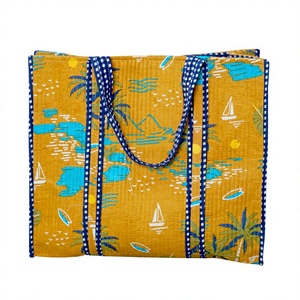 Handmade Quilted Cotton Tote <b>Bag</b> for Women <b>Long</b> Handle Indian Hand Block Printed Striped Pattern Groceries Shopping <b>bag</b> - Product Image 1