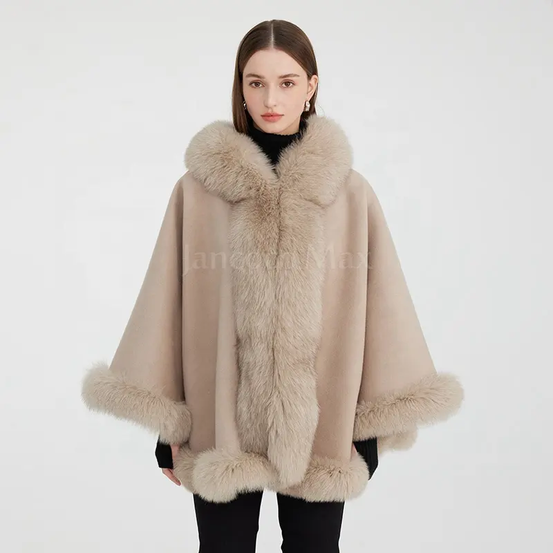 Nuovo arrivo vera pelliccia di volpe Poncho donna con cappuccio scialle in pelliccia di Cashmere mantello
