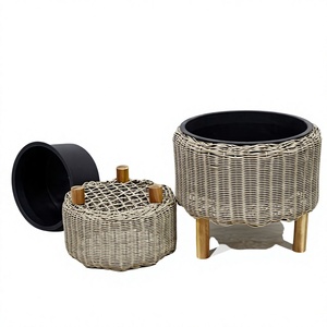 Ensemble de pots de fleurs en plastique pour l'extérieur, jardinières de style rustique, design circulaire avec pieds en bois pour fleurs et plantes vertes - Product Image 3