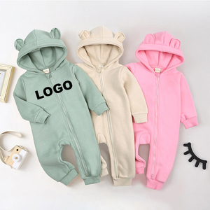 定制标志新生女婴男童紧身衣冬季连身衣实心熊耳童装连帽衫婴儿连身衣套装 - Product Image 1