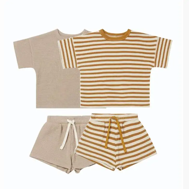 2022 Summer Natural Baby Boys Clothes Set, Short Sleeves Waffle shirt with shorts 2 PCS Set Causal Kids Clothing