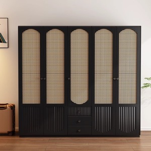 Armario de Madera Maciza Estilo Japonés con Ratán, Color Madera de Cerezo, Estilo Nórdico Retro, Puerta con Bisagras, Gran Capacidad, Almacenamiento para Dormitorio - Product Image 3