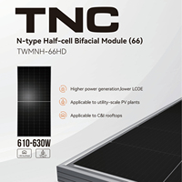 Módulo Bifacial de Media Celda de Doble Vidrio Tongwei 66N-Type, 630W, 23.3% de Eficiencia, 80% Bifacial, Garantía Lineal de 30 Años, 1500V CC