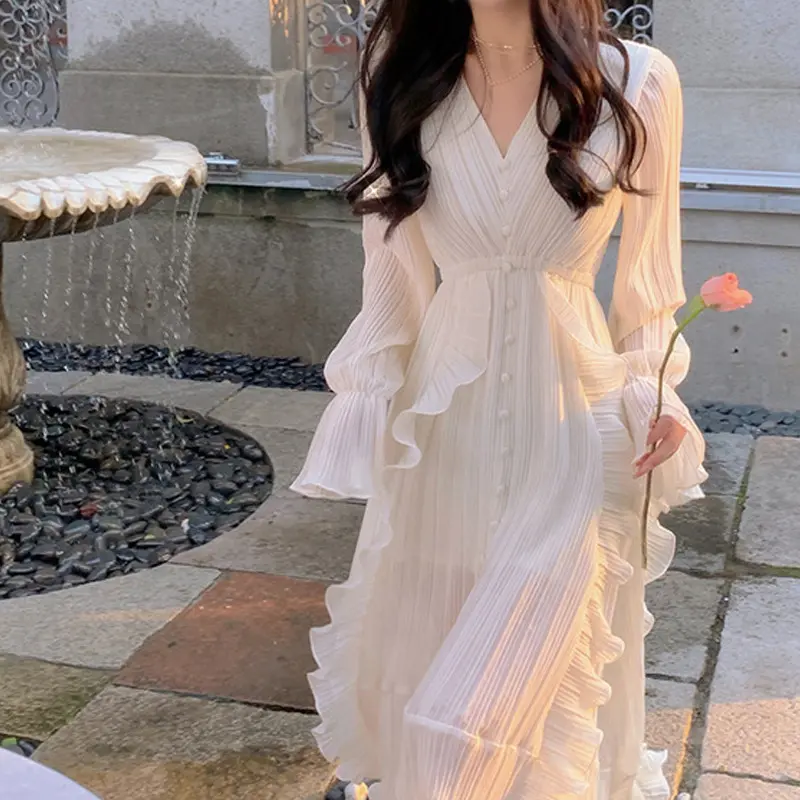 Customized Korean Pleated Ruffle Chiffon Dress Women Elegant V Neck Long Sleeve Double Layer Large Swing Maxi Casual Dresses