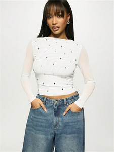 New Womens Mesh Long Sleeved Slim Solid Color <strong>T</strong> <strong>Shirt</strong> with Sequin Decoration <strong>Sparkly</strong> Party Night Out Bodycon - Product Image 3