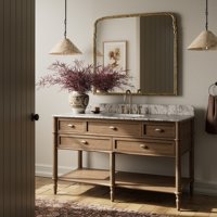Meuble-lavabo de salle de bain moderne de luxe en bois avec plateau en marbre et vasque simple, design élégant, pour hôtel, villa, salle de bain principale