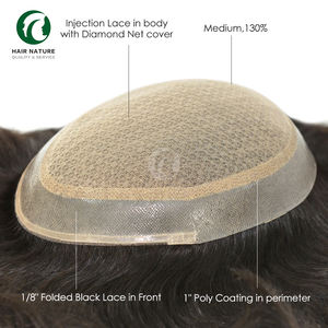 M Lace-geïnjecteerde kantpruik voor mannen, natuurlijk zwart zijden basis, mannenpruik van echt haar, diamantnet, haarprothese - Product Image 1