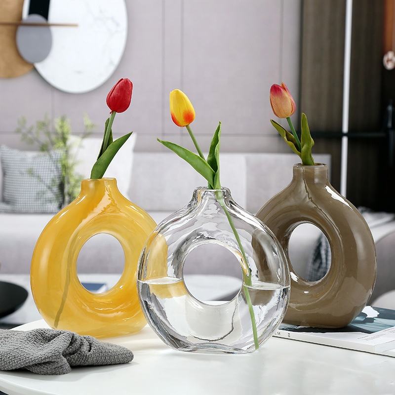 中空ラウンドガラスドーナツ花瓶手作りヘビーサークルクリアフラワー