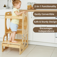 Tour d'apprentissage pliable Montessori avec rail de sécurité 2-en-1 escabeau en bambou convertit en table et chaise pour enfants