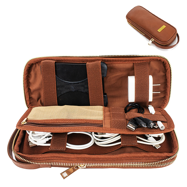 Custom Digital Leather Storage Bags Electronics Accessories Travel Cable Organizer Bag