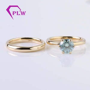 Anillo de diamantes Moissanite Provenza Oro amarillo macizo de 14 quilates 1CT Corte redondo Azul Conjunto de anillos de comprom - Product Image 3