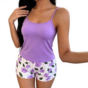Women's 2-Piece Eco-Friendly 100% Cotton Summer Lounge Set V-Neck Cami Floral Printed Short-Sleeved Shorts Elastic Waist Front - Product Image 3