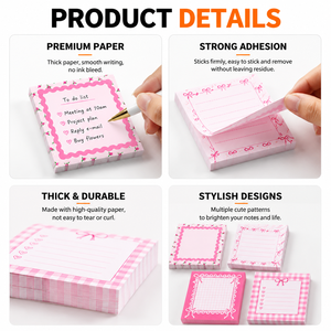 Bloc-notes autocollants carrés à motif nœud et dentelle, papier épais et lisse, sans transfert d'encre, logo personnalisé pour le bureau et l'école - Product Image 2