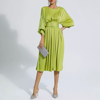 Robe midi plissée en satin avec ceinture à manches longues personnalisée robes de bureau vert clair pour dames d'affaires femmes travail formel