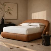 Maßgefertigtes Modernes Designer-Lederbett mit Gewölbtem Kopfteil Anpassbare Kopfteil-Länge und -Breite für Schlafzimmer
