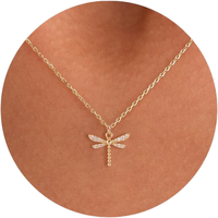 Collar de latón chapado en oro de 14K con colgante de libélula de circonita y cadena de bambú, diseño delicado y exclusivo, regalo al por mayor Woying