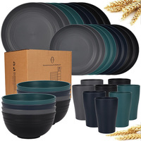 Ensemble de vaisselle en paille de blé réutilisable de 32 pièces avec logo personnalisé en gros, assiettes rondes incassables, compatibles lave-vaisselle et micro-ondes