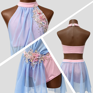 Traje de Danza Contemporánea Rosa y Azul con Cuello Halter y Pedrería para Niñas, Ideal para Competencias y Presentaciones - Product Image 2