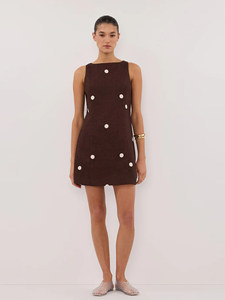 Robe d'été minimaliste en lin à pois imprimé naturel pour femme, style bureau français, sans manches, taille nouée, mini, coupe trapèze, col rond, débardeur - Product Image 5