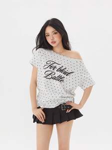 T-Shirt Corta da Donna Stile Retrò Americano con Spalle Scoperte, Maniche Corte e Motivo <span class=keywords><strong>a</strong></span> <span class=keywords><strong>Pois</strong></span> - Product Image 3