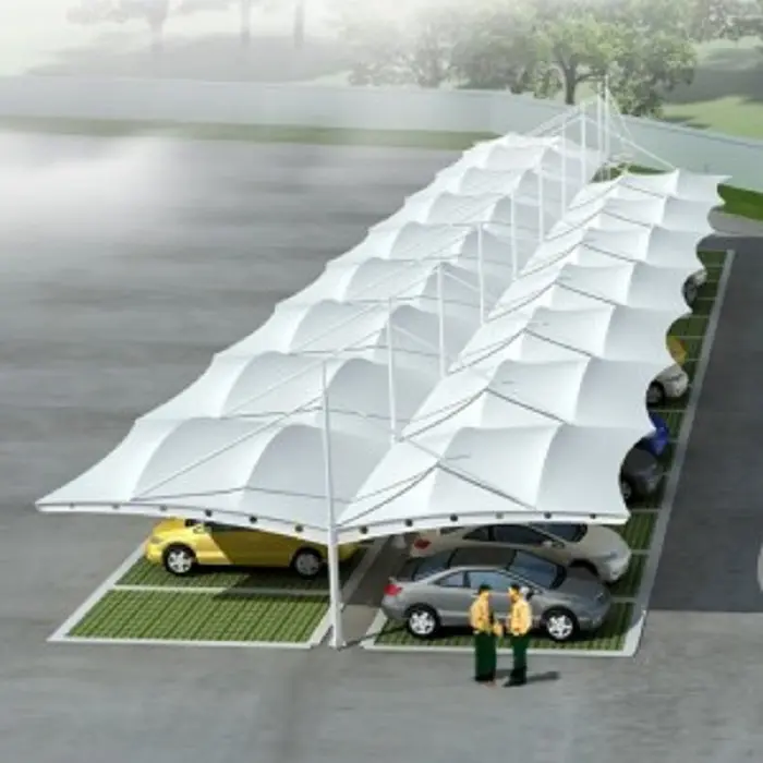 Açık gölgelik için dayanıklı kavisli PVC PVDF otopark çadır döken çatı Carport çekme membran yapısı