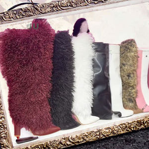 Botas de tacón alto de cuña con cremallera y punta abierta para mujer, de moda, por encima de la rodilla, con suela gruesa, para verano e invierno, forradas de piel - Product Image 3