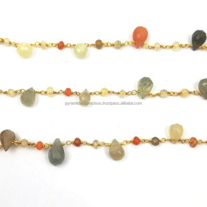 Rosario de Piedras Preciosas de Piedra Lunar Multicolor en Forma de Lágrima con Cuentas de Latón Chapadas en Oro de 3mm-3.5mm Nanplanetsilver GBC0044 - Product Image 2