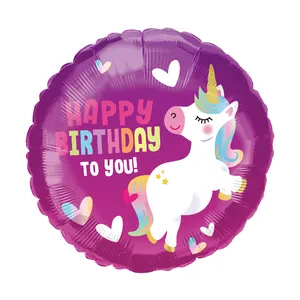 Yuvarlak şekil mutlu doğum günü size unicorn folyo balonlar alüminyum film doğum günü süslemeleri renkli unicorn tema