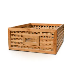 Storage Basket Handmade Natural Bamboo Woven With Wooden Frame Handles Decorative Box For Home Office Tabletop Shelf Organizer