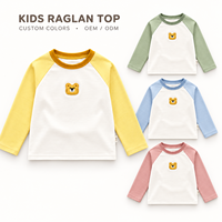 T-shirt à manches longues raglan colorblock avec badge animalier pour enfants, sous-vêtement pour tout-petits garçons et filles, fournisseur de vêtements en gros OEM ODM