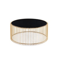Table basse moderne Ensemble de salon circulaire en acier inoxydable et verre trempé noir Table d'appoint