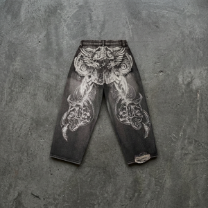 Jean baggy homme personnalisé, coupe droite, taille mi-haute, style streetwear, en denim épais imprimé, effet vieilli, bords bruts, style hip-hop - Product Image 3