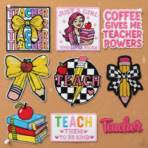 Set de Parches Brillantes para Maestros, Apliques Bordados Termoadhesivos con Diseños de Lápiz, Manzana, <span class=keywords><strong>Libro</strong></span> y Lazo, Parches de Espíritu Escolar para Chaquetas y Bolsos - Product Image 1