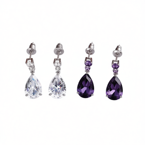 <b>Crystal</b> Earrings <b>Water</b> Drop Shape Amethyst 925 Silver Rhodium Plated Classic Women's Party Jewelry Drop Earrings - Product Image 1