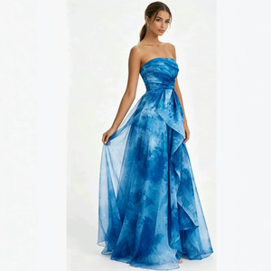 Strapless Blue Floral Print Evening Dress Empire Waist Long Gown Translucent Full <b>Swing</b> Style - Product Image 2