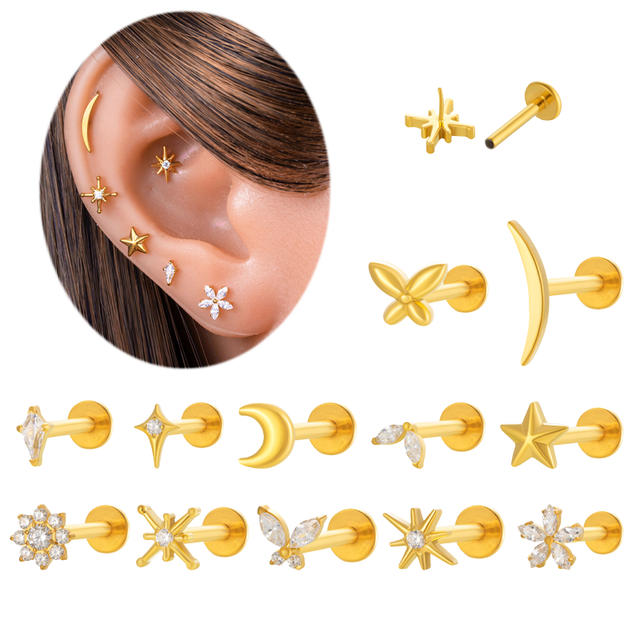 Getta G23 Gold Plated Titanium Zircon Helix Piercing 16G Flat Back Threadless Push Pin Stud Earring Wedding Gift