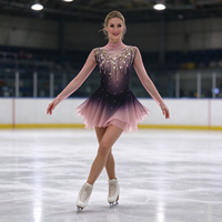 Robe de patinage et de danse pour enfants et adultes, dégradé noir et rose, col montant, manches longues en maille, dos orné de feuilles en strass, pour compétition et spectacle de patinage artistique