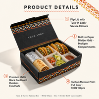Boîte en carton kraft découpée sur mesure, robuste, avec logo personnalisé, compartimentée, finition mate, pour tacos, burritos et kits repas à emporter