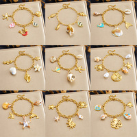 Bracelet Océan en Acier Inoxydable Anti-ternissement en Gros, Multi-Coquillages, Étoiles de Mer, Pendentif Perle, Plaqué Or, Accessoires de Plage TGSL5706