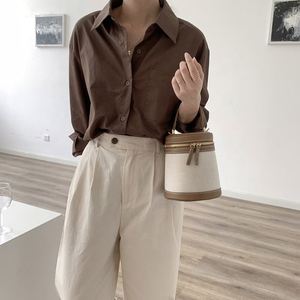 Customized LOGO Canvas Splicing PU Leather <b>Handbag</b> High Quality Fabric Tote Bag Crossbody Fashion Cylinder Bucket Bag - Product Image 3