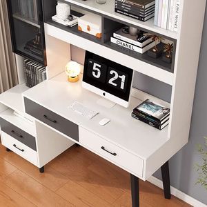 Modern Integrated <b>Desk</b> With Bookshelf And Cabinet For Home Study Office <b>Workstation</b> White Gray Color - Product Image 3