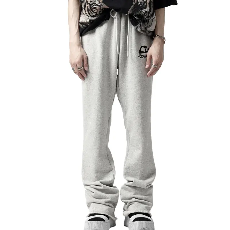 Custom Cut And Sew Flare Sweatpants Grey 100% Cotton Drawstring Vintage Unisex Wide Leg Sweat Pants