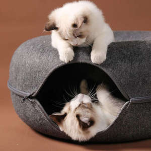 Terowongan Kucing Bulat Berbahan Felt dengan Desain Ritsleting untuk Permainan Interaktif, Latihan Bersembunyi, Tempat Tidur Kucing Lembut Berbahan Plush untuk Dalam Ruangan - Product Image 5