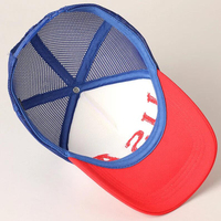 Sombreros de camionero de ala curva con contraste de Color rojo y azul, gorra Snapback de EE. UU. con letras iniciales de 5 paneles, gorras de béisbol traseras de malla personalizadas